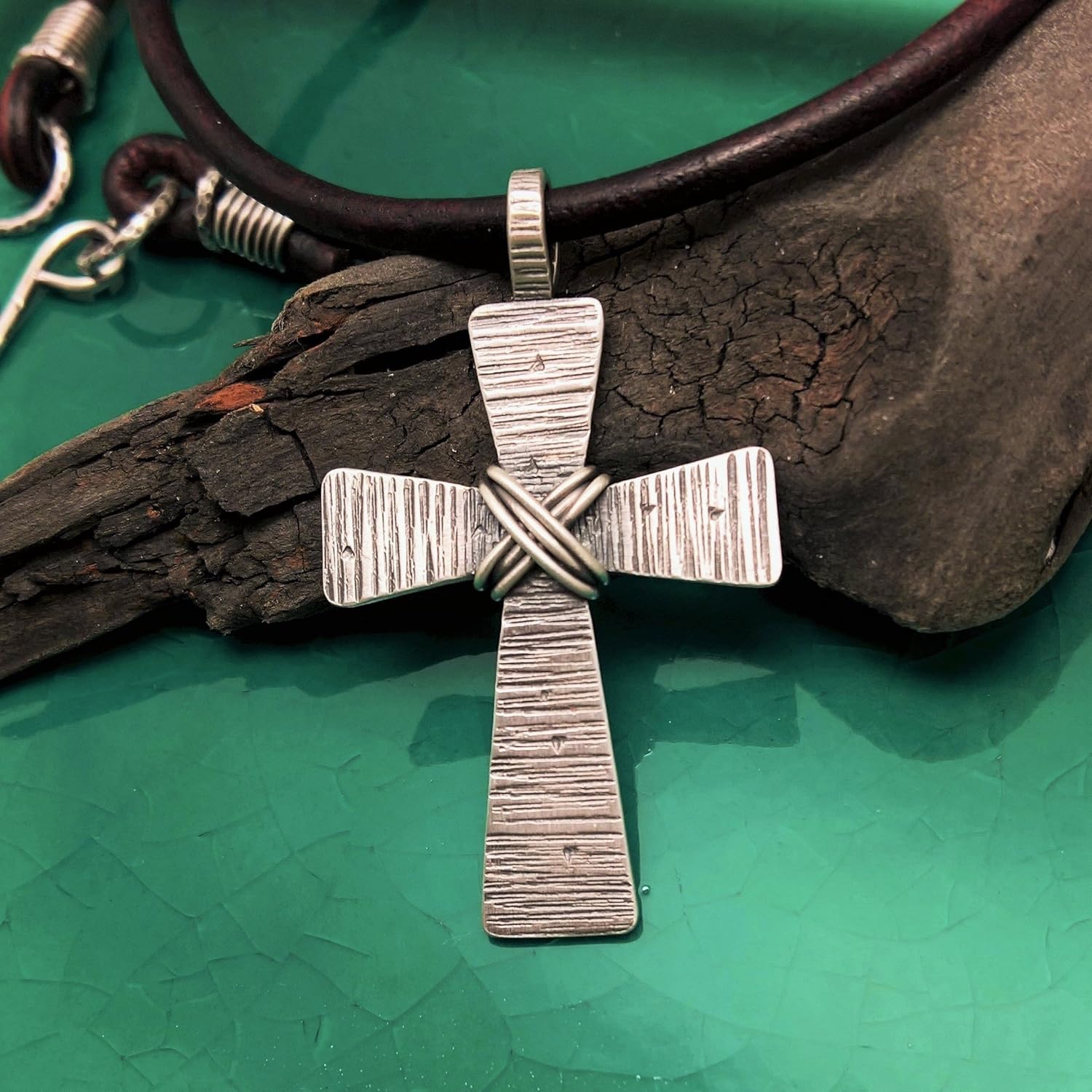 Mens Cross Necklace, Sterling Silver Cross on Leather Cord