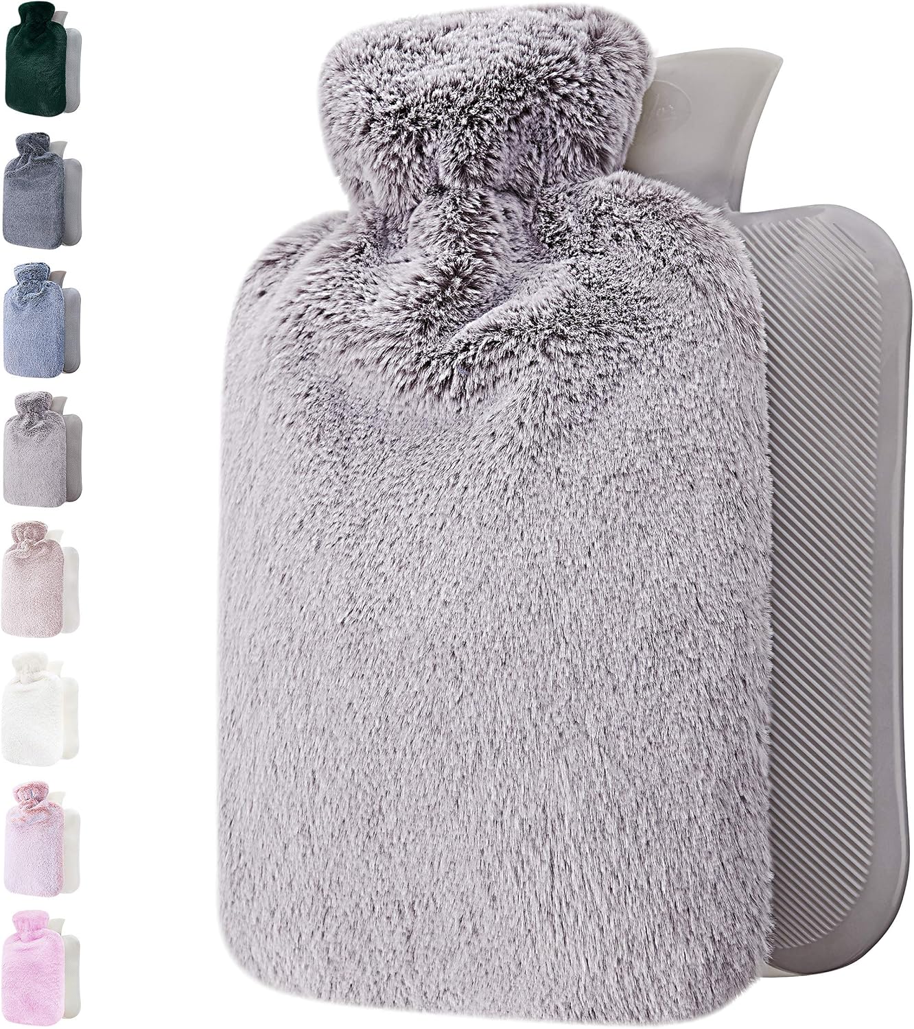 Hot Water Bottle, with Soft Premium Fleece Cover, Light Grey, 2L, Heating Pad for Menstrual Cramps and Period Comfort