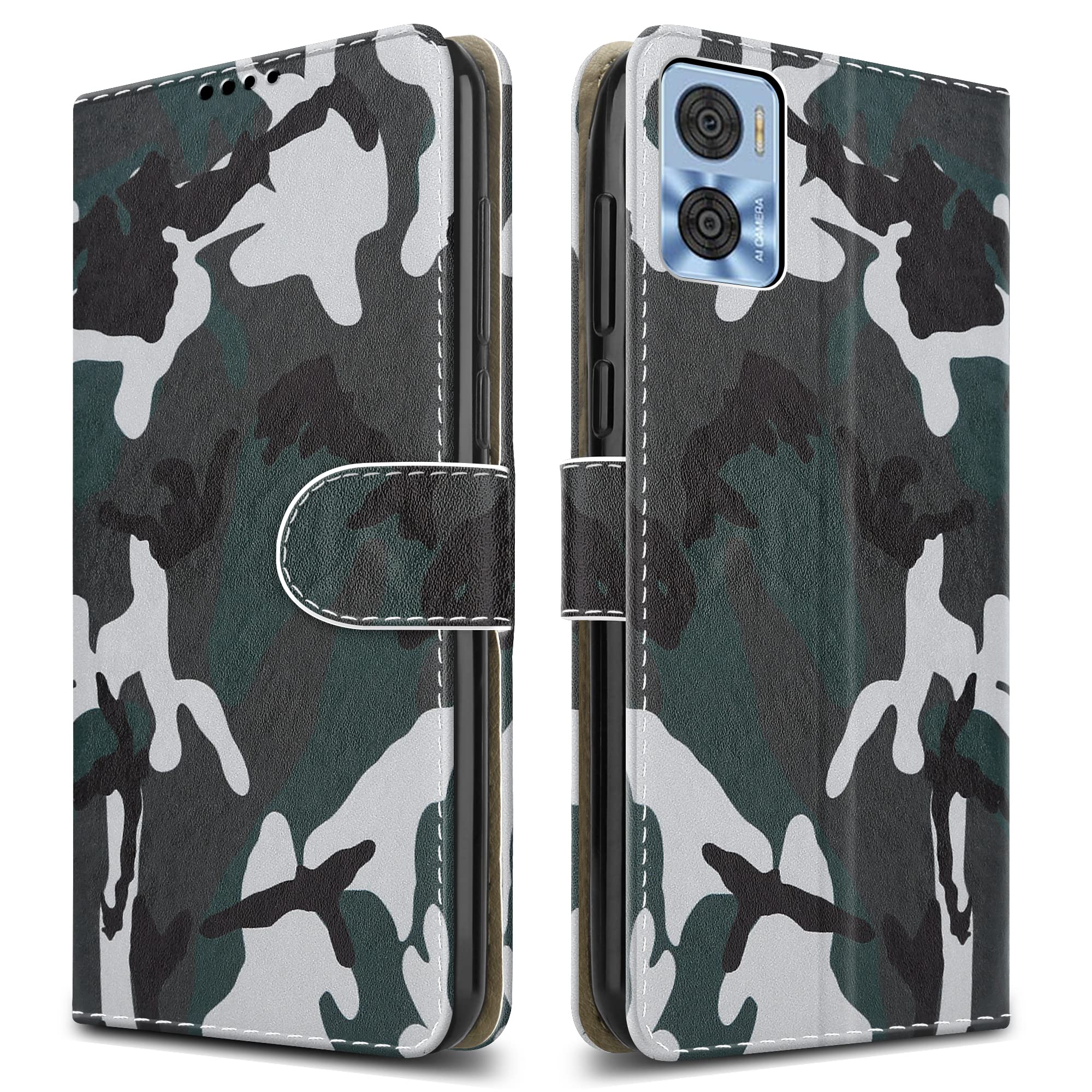 PIXFAB For Motorola E22 / E22i Leather Phone Case, Magnetic Closure Full Protection Book Folio Design, Wallet Case Cover [Card Slots] and [Kickstand] For Motorola Moto E22 / E22i - Camouflage