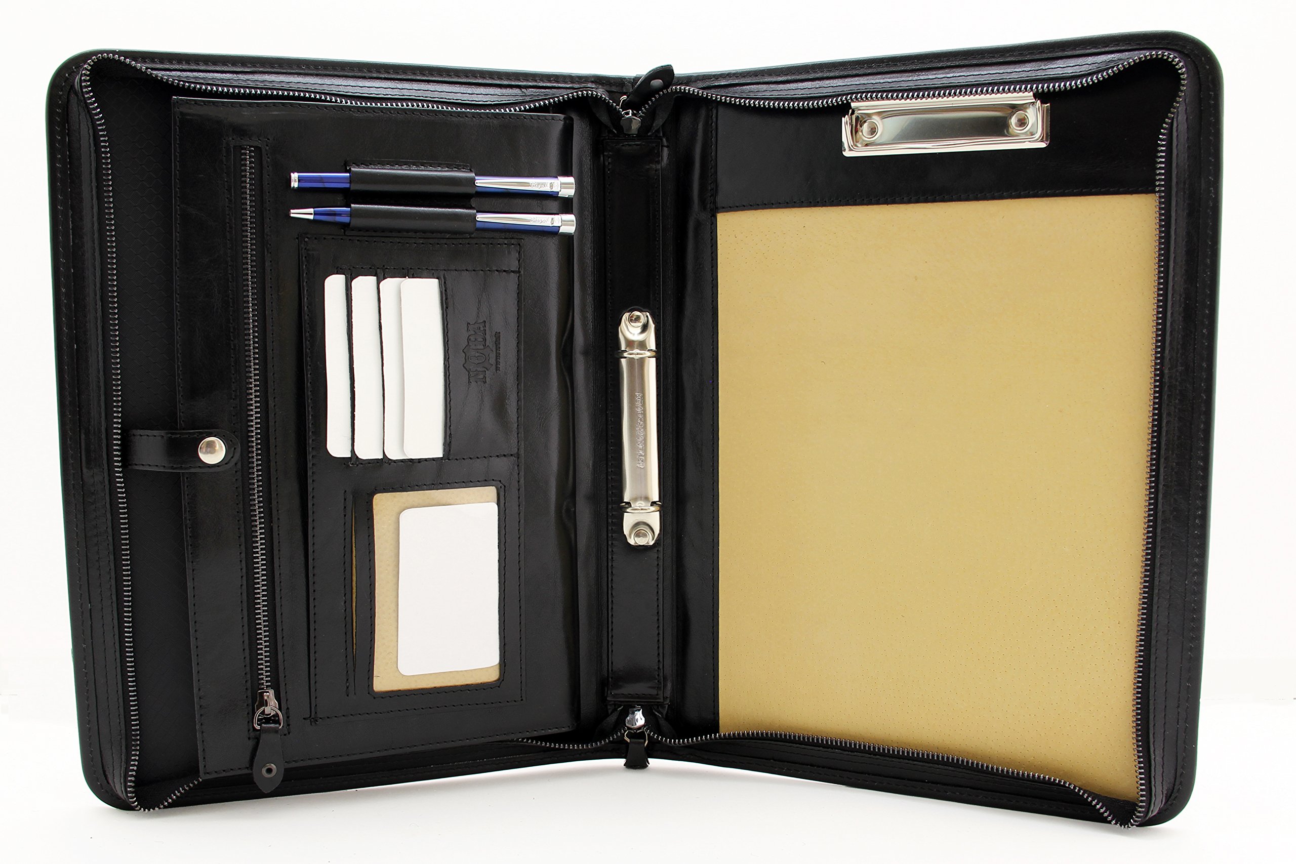 Noda Executive Leather Padfolio 2 ring binder Professional Business Portfolio w/Zippered Closure | Resume, Document, Notepad, Clipboard, Writing Pad Organizer | Men, Women (Black)