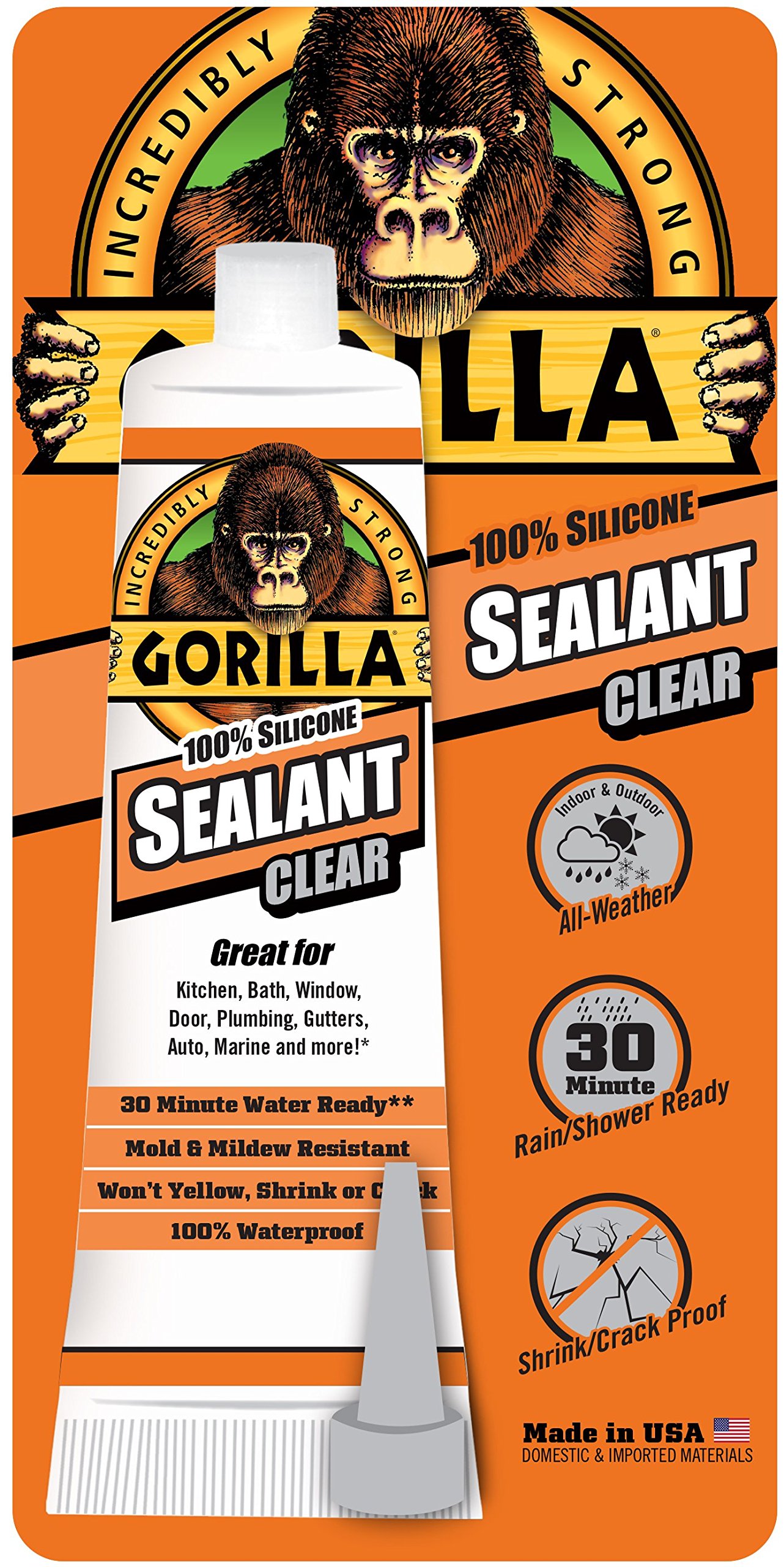 Gorilla 8090001, Clear 100 Percent Silicone Sealant Caulk, 2.8 ounce
