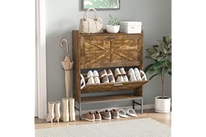 RKVPCNE Rustic Brown Shoe Cabinet with 2 Flip Drawers and 1 Boot Rack for Narrow Shoes and Closet Storage in Entryway, Foyer or Hallway