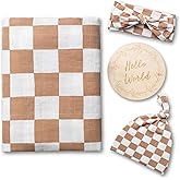 Miaoberry 100% Organic Muslin Swaddle Set| Checkered in Coffee Latte 47 * 47 with Hat,Bow and Arrival Card