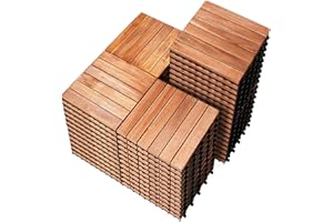 PrimeZone 54 PCS Solid Acacia Wood Interlocking Patio Deck Tiles - 12" x 12" Indoor Outdoor Waterproof Flooring Tiles for Balcony, Backyard, Garden & Poolside, All Weather Use, Natural Wood