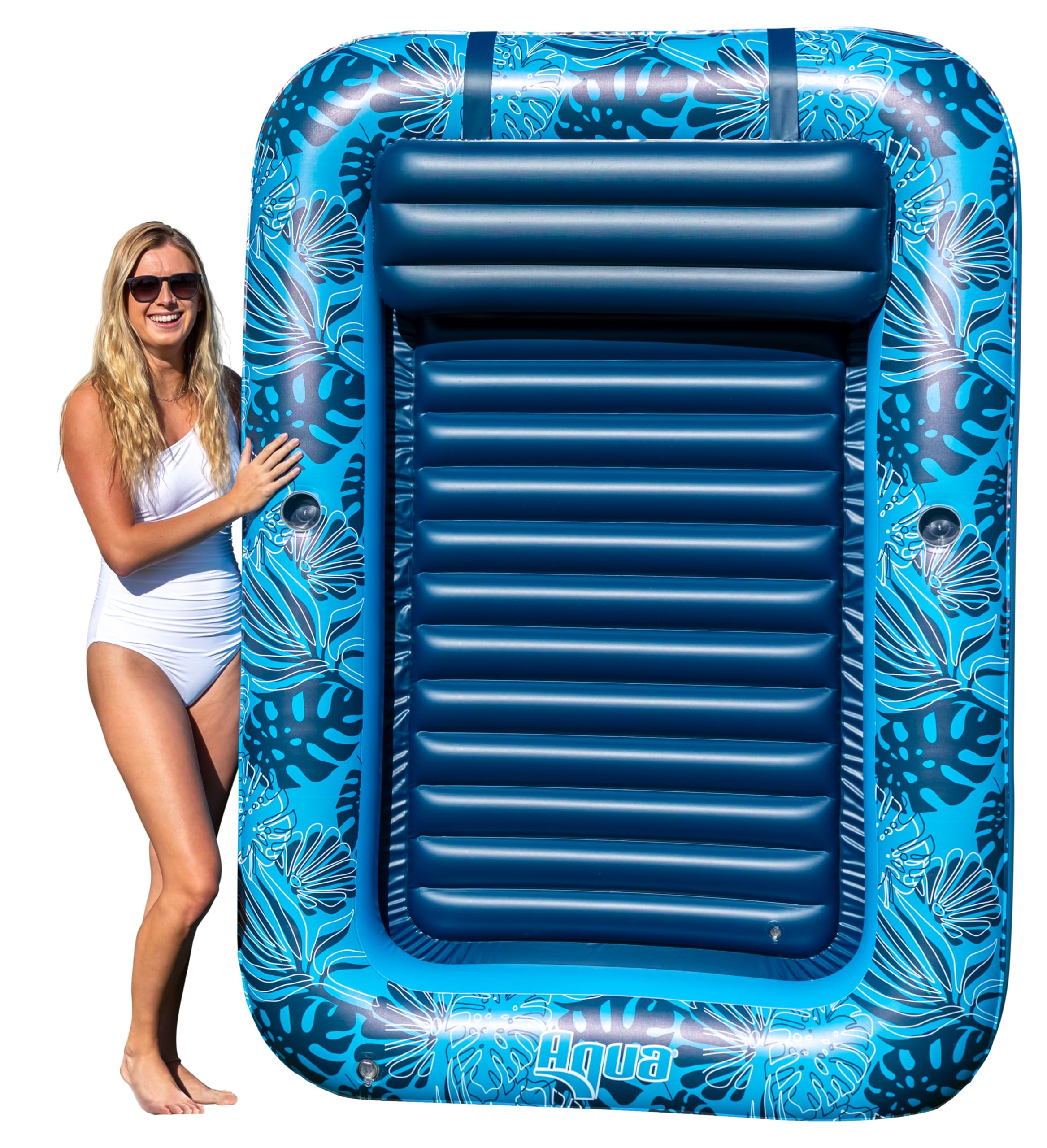 Photo 1 of Aqua Inflatable Tanning Pool Lounger – Extra Large (80 x 56 in) – Premium Pool Float with Cupholders and Removeable Pillow for Relaxation and Fun, Blue Palms Pattern