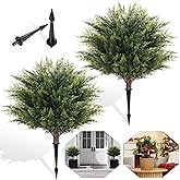 23.6" Artificial Christmas Topiary Front Porch Decor, 2 Pack Fake Cedar Bushes for Outdoors with Ground Spike, UV Resistant Faux Shrubs Cypress Evergreen for Porch, Door, Landscaping, Home Decoration