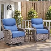 Belord Luxury 6" Thick Cushioned Outdoor Swivel Rocker Patio Chairs with Side Table, High Back Wicker Furniture Set with Ergonomic Zone Back, Conversation Glider Set for Deck Porch - Brown+Blue