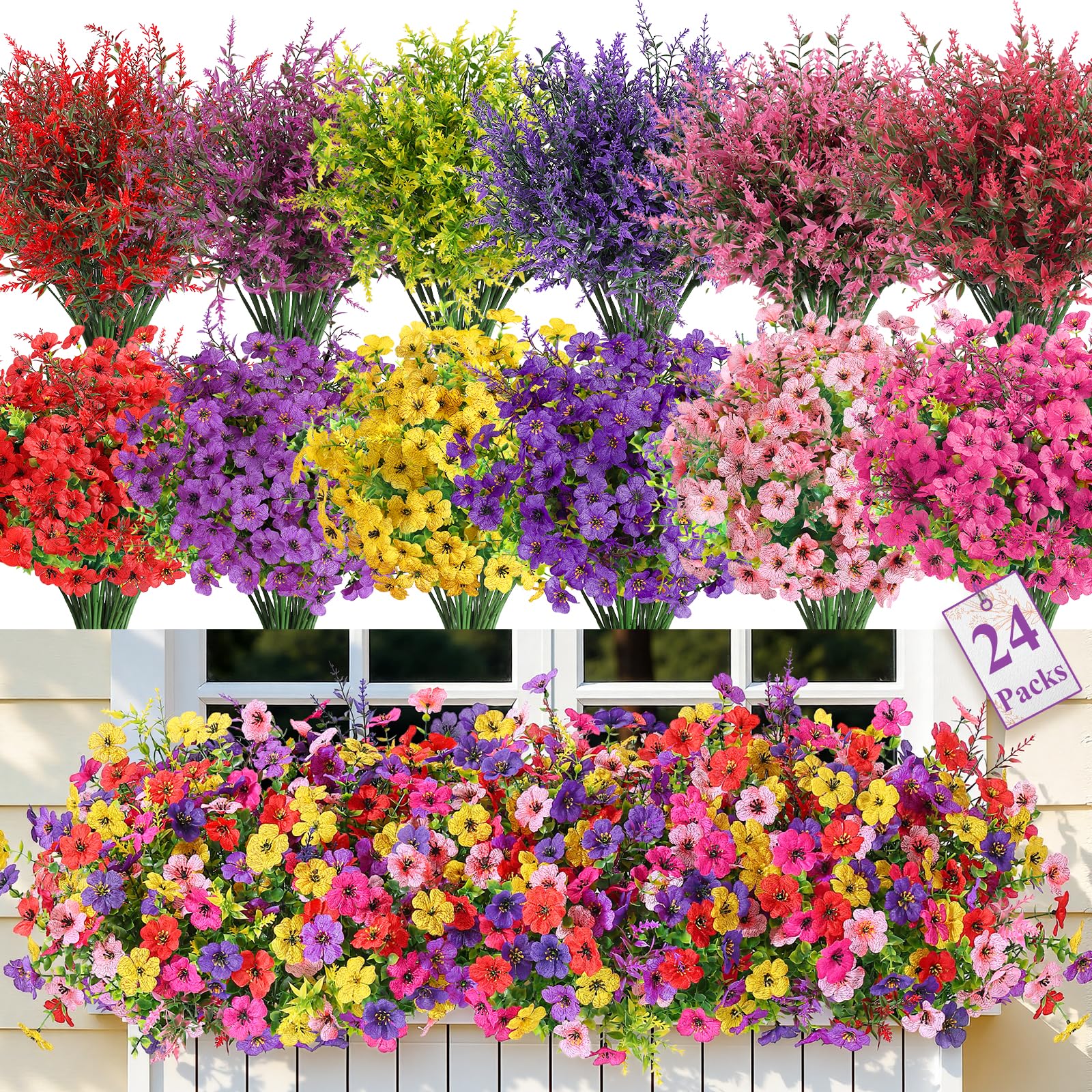 SHareconn 24 Bundles Artificial Flowers for Outdoors Decoration, Faux Plants Fake Silk Colorful Daisy Eucalyptus Lavender, UV Resistant for Outside Home Porch Indoor Spring Decor, 6 Colors incl. Red Image