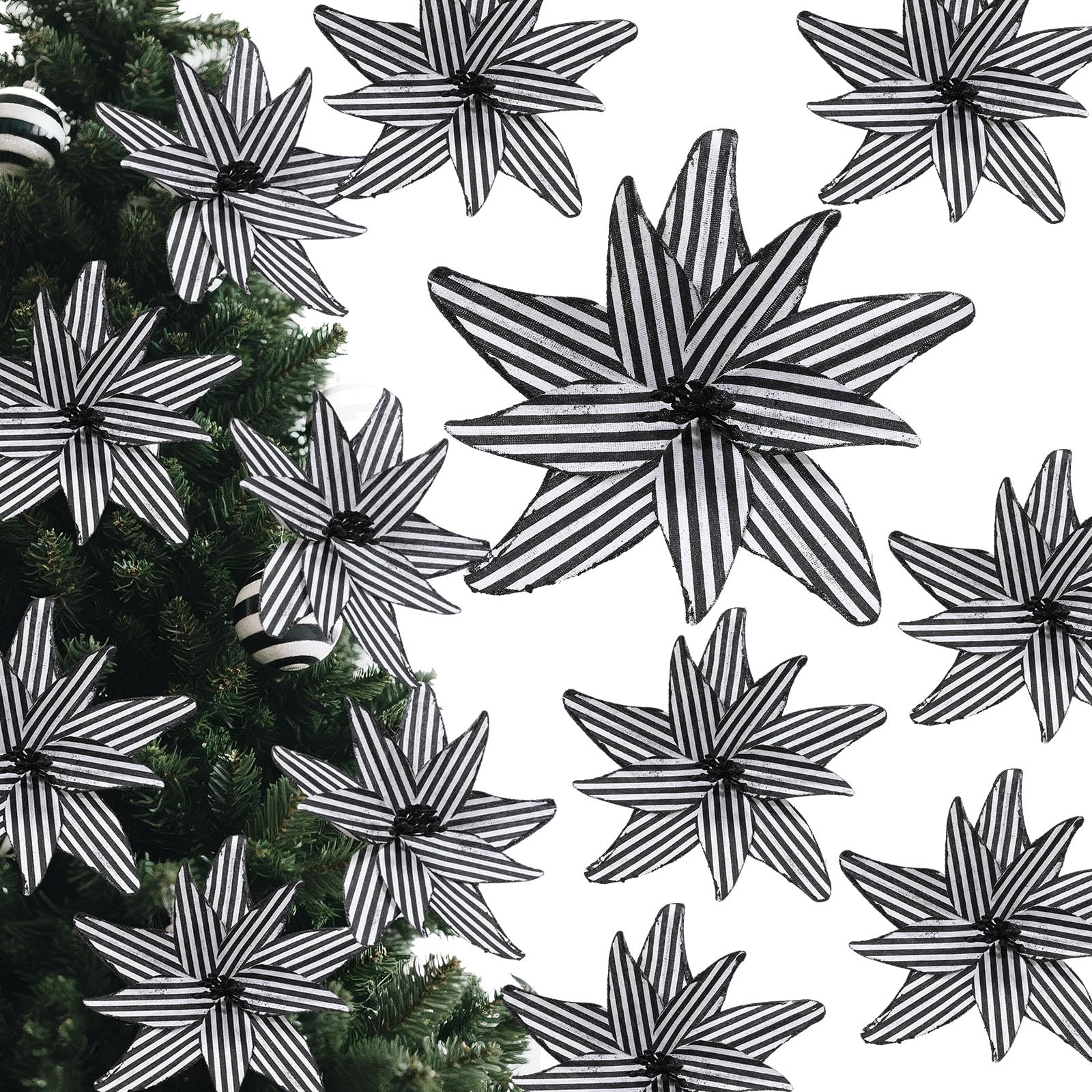 Photo 1 of **** HAS GLITTER**** Thiccywoov 6 Pcs 12 Inch Black and White Stripes Christmas Poinsettia Flowers with Stems Large Artificial Stripe Poinsettia Christmas Tree Flower Ornaments for Halloween Holiday Wreath Garland Decor