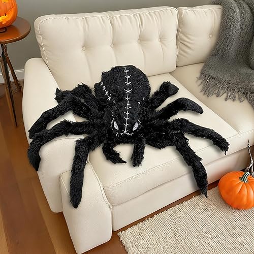 Tmrselk Halloween Spider Plush - 34.6 Inch Large Black Soft Spider Pillow Stuffed Animal for Halloween Decor, Party Scary Props, Prank Birthday Gifts for Kids and Adults