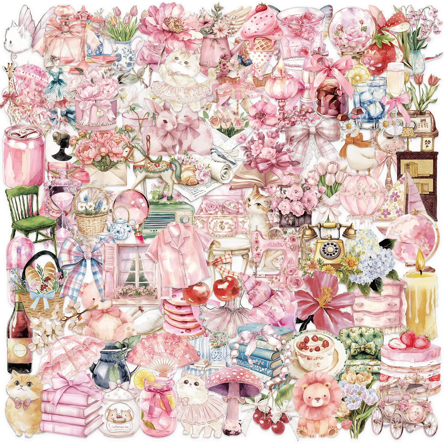 Transparent Pink Aesthetic Stickers - 100pcs Waterproof PET Stickers for Scrapbook, Journaling & Collage, Cute Vintage Decals for Water Bottles, Laptop, DIY Crafts, Gift for Girls and Women