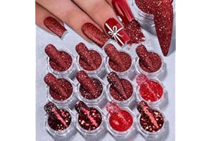 STZPRONAIL New Year Nail Art Glitters Red Nail Sequins 12 Boxes Christmas Nail Glitter Flakes 3D Red Series Hexagon Sugar Designs Nail Art Decoration Dipping Powder for Nails Supplies DIY Craft Accessories