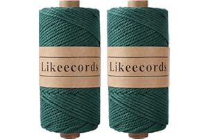 Likeecords 2 Rolls of Cotton Macrame Cord 3mm x 100m, 3 Strand Twisted, Macrame Rope, Macrame String Cotton Yarn, Macrame Yarn Craft Cord for Knitting Plant Hangers Christmas Décor (Dark Green)