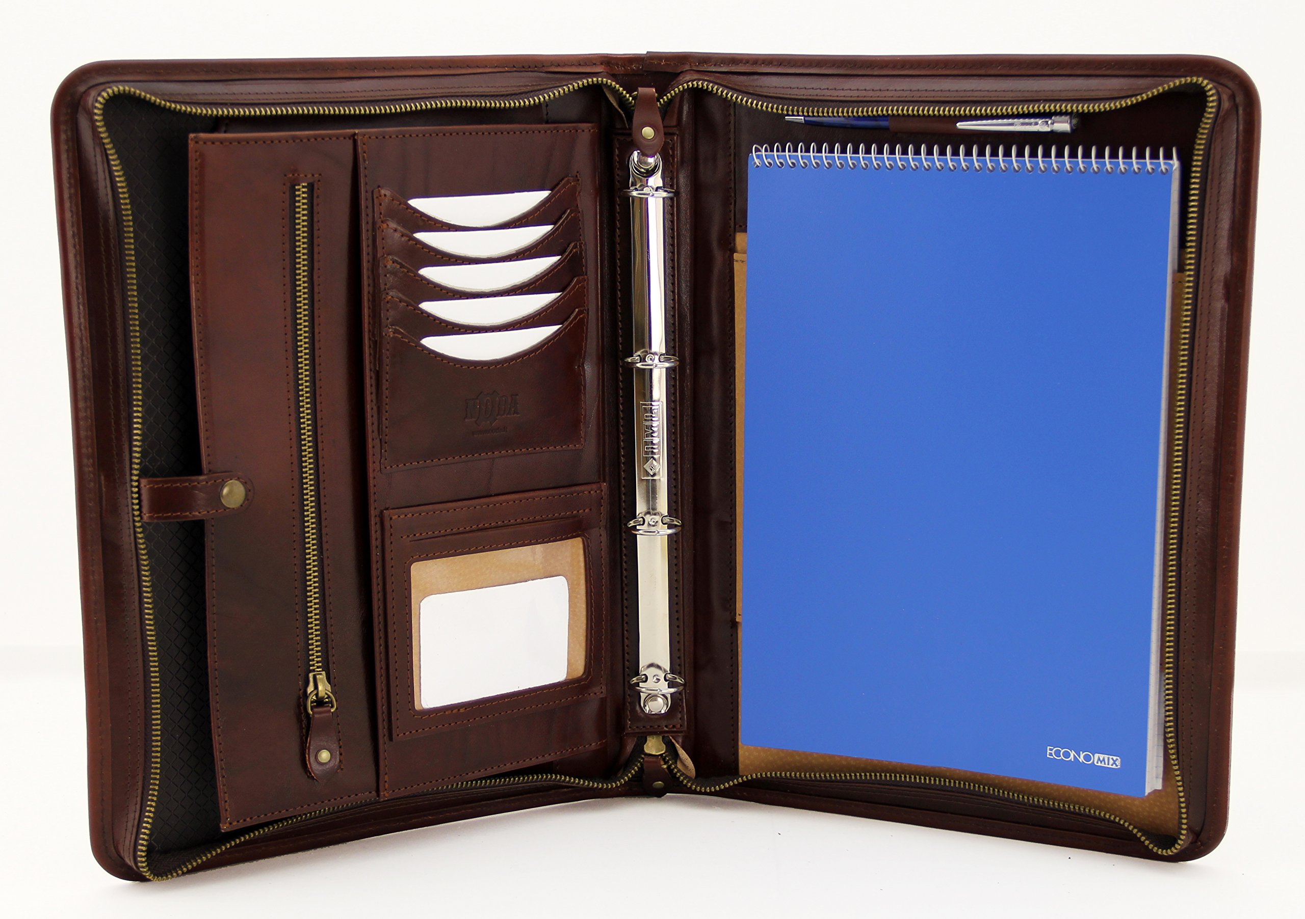 Italian Leather Portfolio, Zipped A4 Folder, Padfolio 4 Ring Binder, Leather Folio with Handle (Brown)