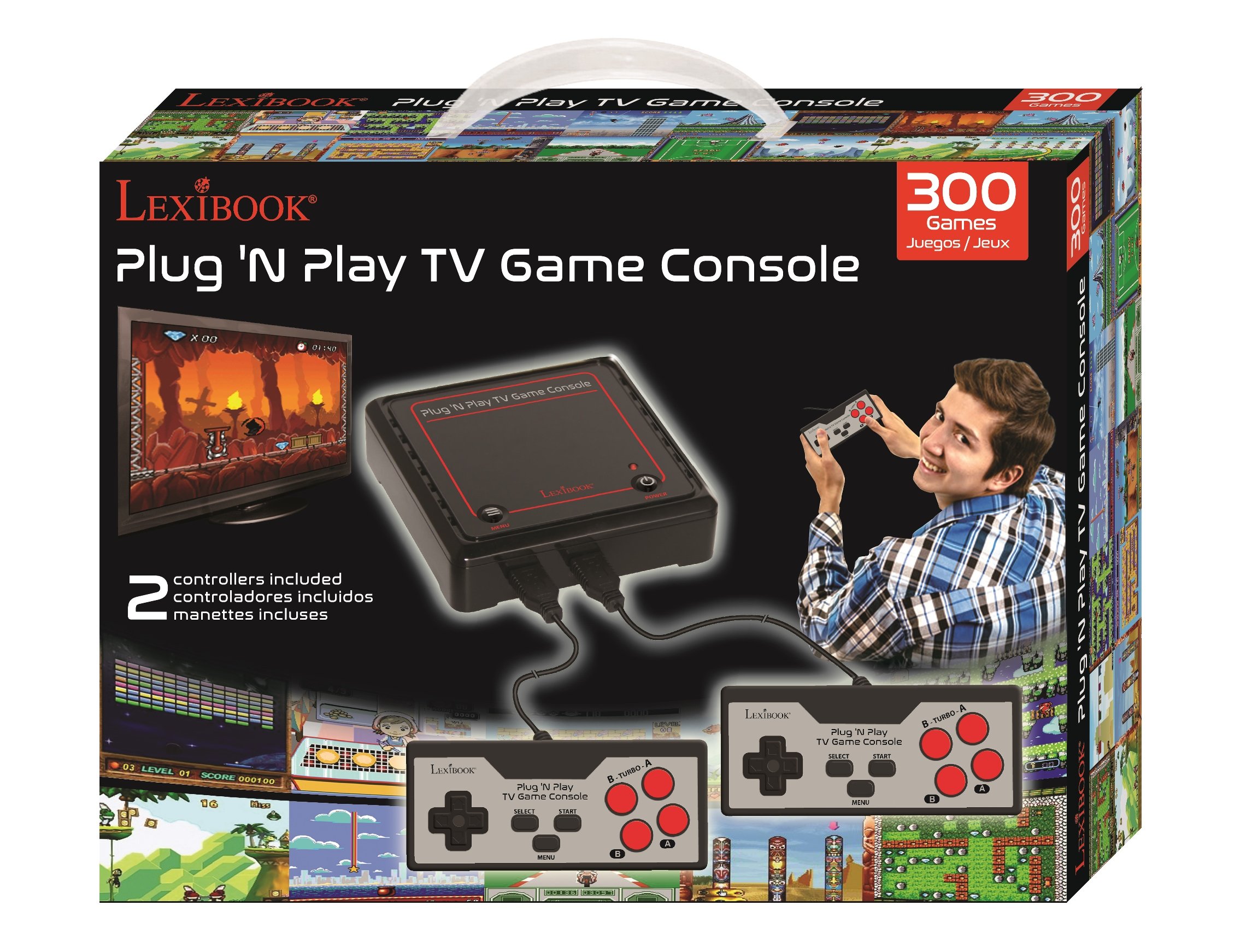 Lexibook Retro game console, 2 controllers, 300 games, 1 AC/DC adapter, black/red, JG7800