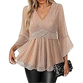VALOLIA Womens Sparky Tops 3/4 Sleeve Glitter Sequin Shiny Dressy Blouses V Neck Party Evening Cocktail Shirts