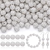 105pcs 10mm Rhinestone Beads for Jewelry Making, White Shiny Round Disco Ball Beads Bulk, Sparkle Crystal Clay Christmas Bead for Bracelet Baseball Necklace Earring Crafting and DIY