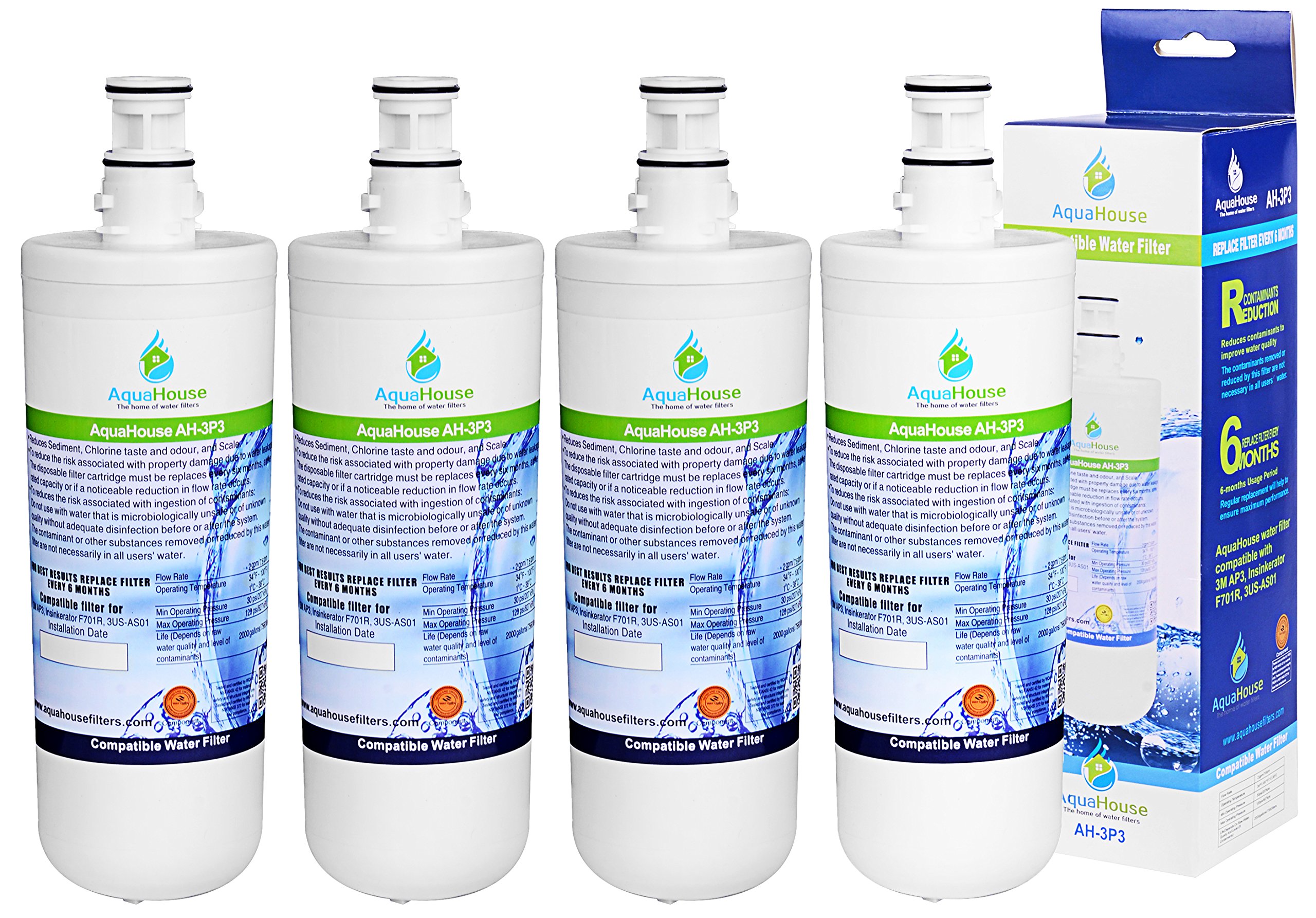 4X AquaHouse AH-3P3 Cartridge Compatible with InSinkErator Hot Water Tap F701R Water Filter F-701, AP3-765S, AP3-765-S-E, HC-1100, GN-1100, HC-3300, HC-3300