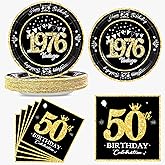 algpty 60 PCS Vintage 50th Birthday Plates and Napkins Set, 50th Birthday Decorations Black and Gold, Service for 30, 1976 Dessert Plates and Napkins Party Supplies for Men Women