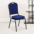 EMMA + OLIVER 4 Pack Crown Back Stack Banquet Chair in Navy Blue Pattern Fabric-Gold Vein Frame