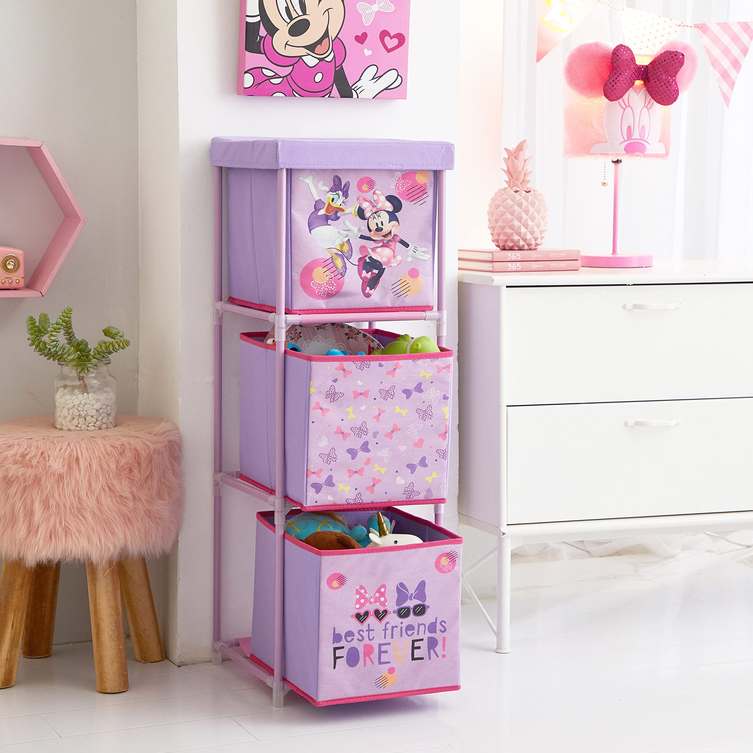 Idea Nuova Disney Minnie Mouse 3 Tier Fabric Storage Organizer with 3 Cubes and Removable Lid