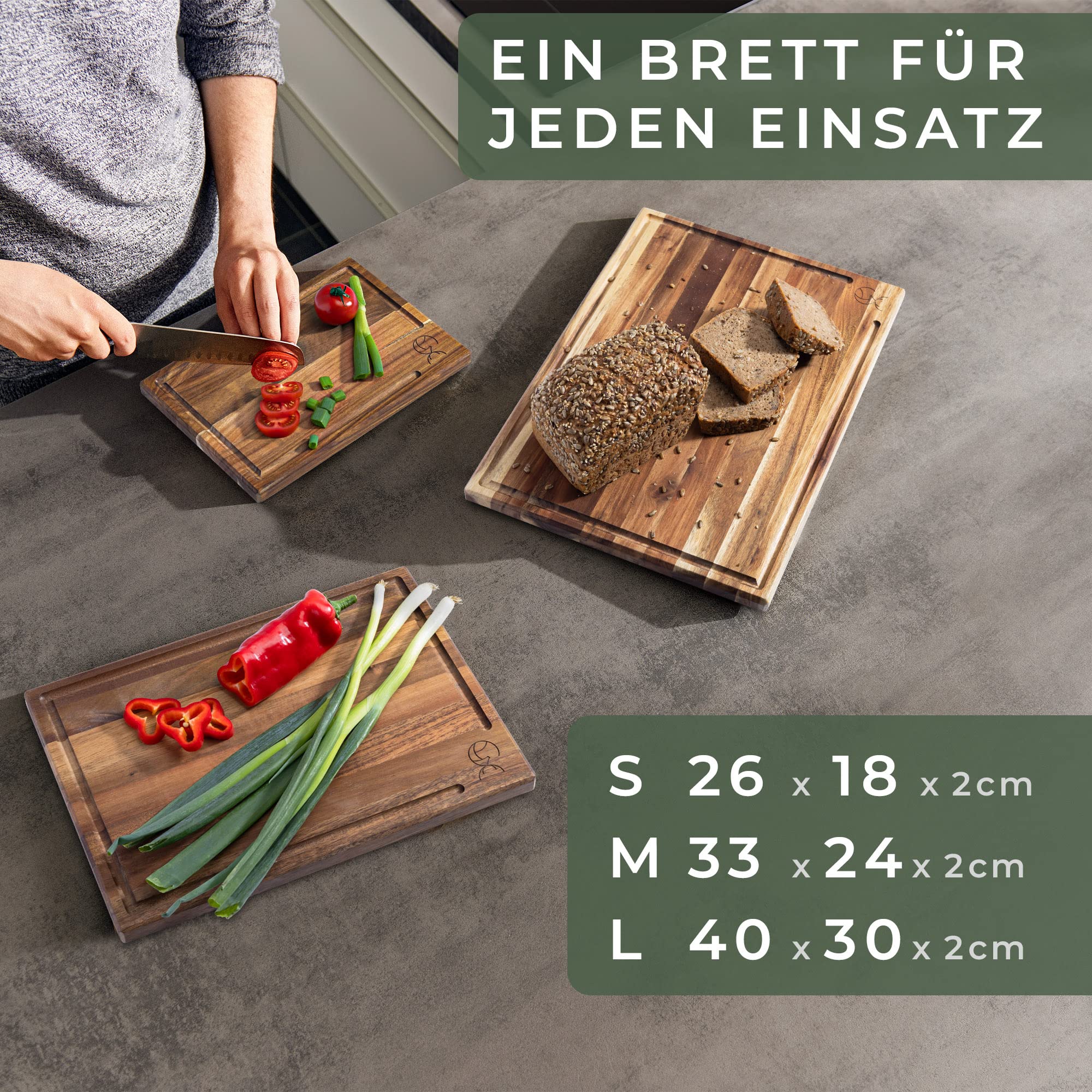 WALDWERK Schneidebrett 3er Set (40x30 / 33x24 / 26x18cm) aus massiver Akazie - Schneidebretter mit Brettständer - 2cm dicke Holzbretter mit Saftrille - Design Schneidebrett Set 3