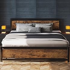 Bed Frame with Wooden Headboard Industrial Metal Bedframe