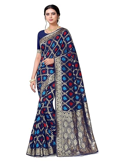 Womens Pethni Patoda Style Woven Banarasi Saree With Unstich Blouse YF_cotton_Navy Blue.