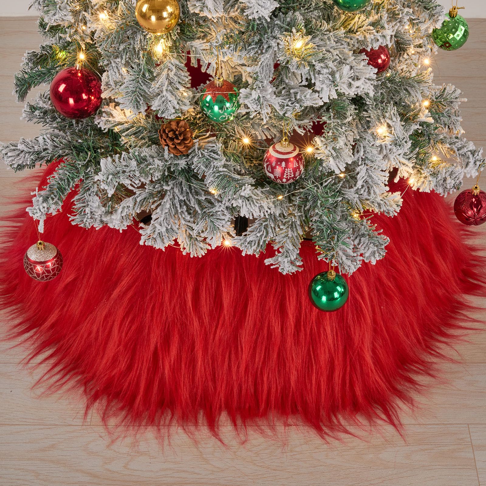 Photo 1 of Red Fur Christmas Tree Collar: 25.6 Inches Small Tree Skirt Ring for New Years Holiday Pencil Tree Decoration