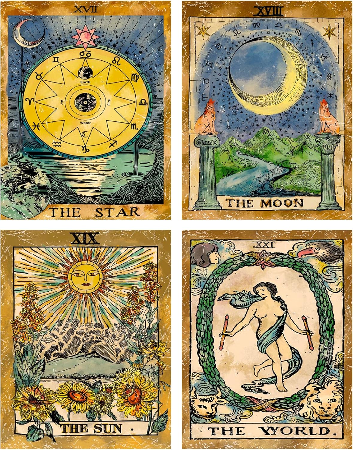 Tapestries - ZeeDix 4 Pcs Tarot Flag Tapestry- Small Tarot Card Europe Mysterious Medieval Tapestry, The Sun, The Moon, The Star Astrology Divination Tapestry for Home with Seamless Nails (New Multi-Color Tarot Tapestry)