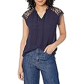 Zac & Rachel Women's Cap Sleeve Tie Front Blouse with Lace Inset