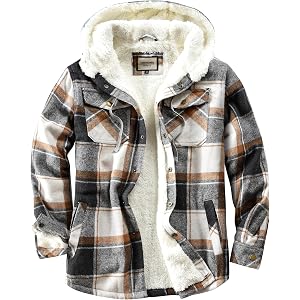 Shawnda Mens Hooded Sherpa Button Down Flannel Shirt Jacket | Warm plaid flannel jacket with full sherpa lining. Drawstring h