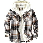 Shawnda Mens Hooded Sherpa Button Down Flannel Shirt Jacket | Warm plaid flannel jacket with full sherpa lining. Drawstring hood, snap front, multi pockets for cold weather daily wear. 