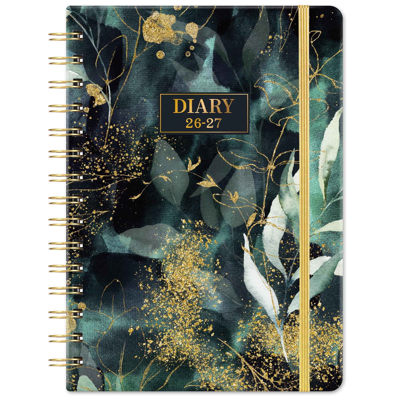 Academic Diary 2026-2027 - Diary 2026-2027 a5 Week to View from August 2026 to July 2027, Twin-Wire Binding, Hard Cover, Elastic Closure, 21.5 x 15.5 x 1.5 cm, Golden Leaf