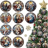 BBTO 16 Pcs Christmas Nativity Scene Ornaments Round Shape Religious Wooden Hanging 3D Ornament The Birth of Jesus Christian Christmas Painting Decorations for Tree Christian Gifts