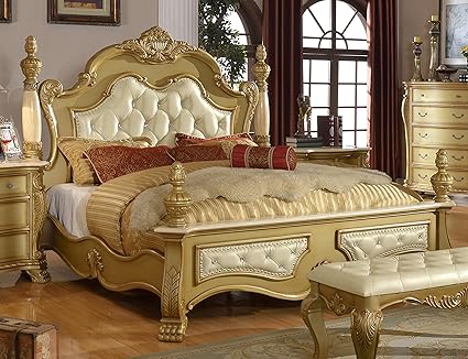 Meridian Furniture Lavish K Lavish Solid Wood Bed With Leather Upholstered Crystal Button Tufted Headboard And Footboard Genuine Marble Posts And