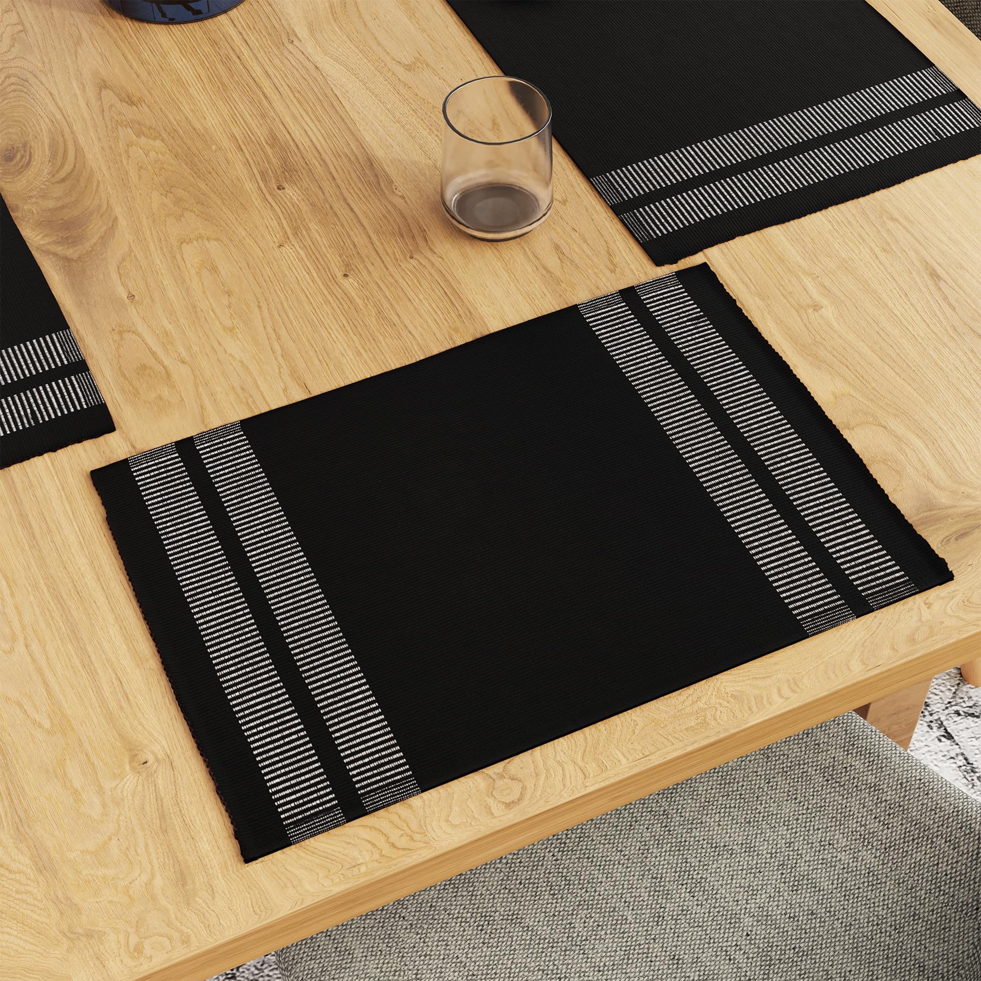 Encasa XO Dining Placemat Set of 6 | Solid Ladder Black Color | Fine Ribbed Cotton Table mat | Size 18x13 in | Machine Washable