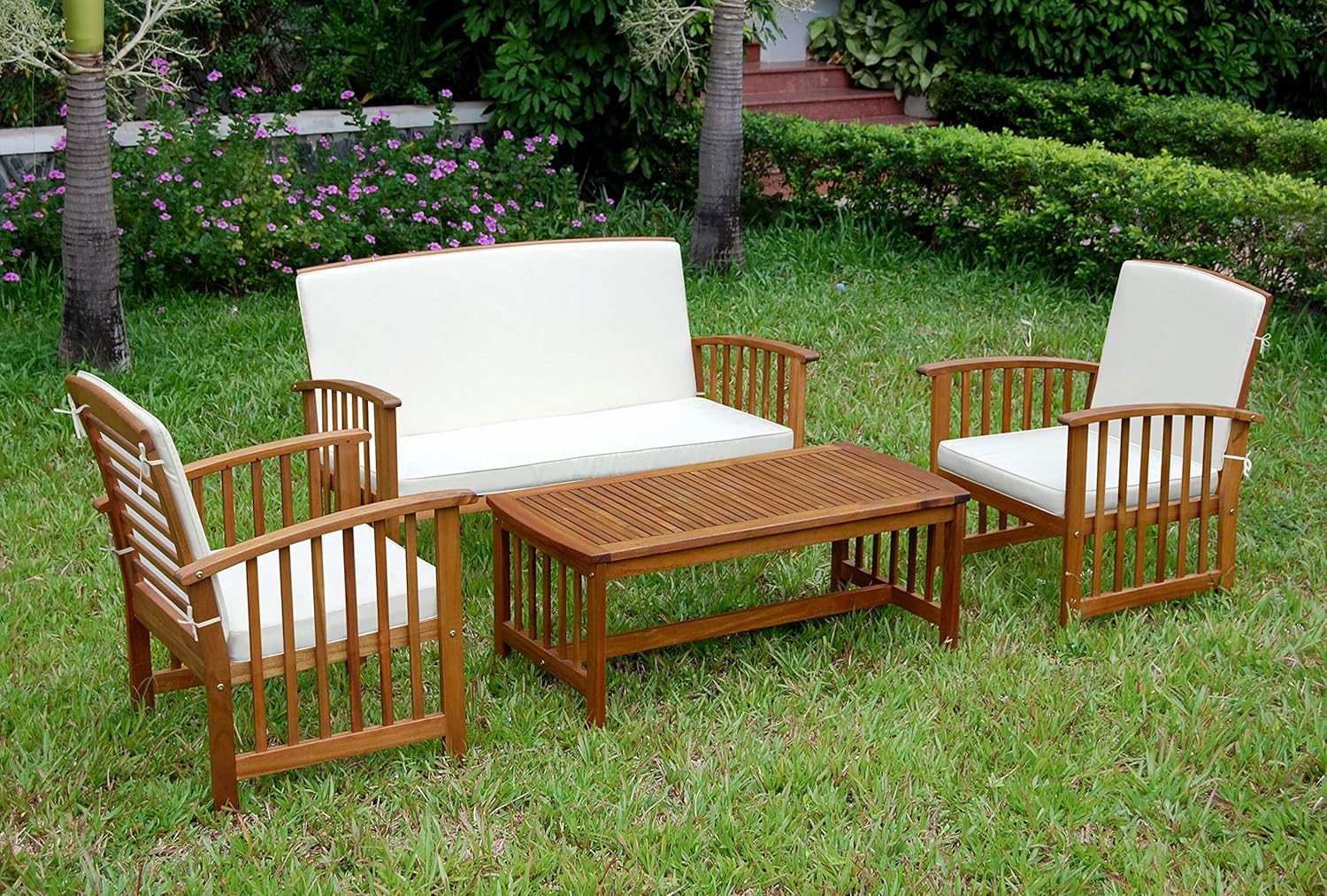 Safavieh Outdoor Collection Rocking 4 Piece Patio Set, Teak and Beige: Furniture & Decor