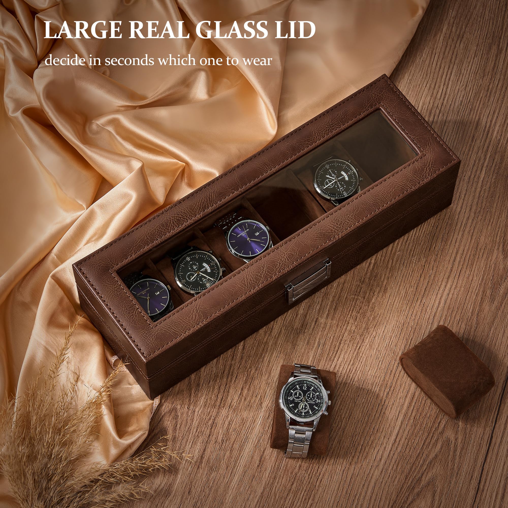 BEWISHOME Watch Box, 6 Slot Watch Cases for Men Watch Holder, Leather Watch Display Case with Large Glass Lid, Watch Storage with Soft Pillow, Brown SSH13Z