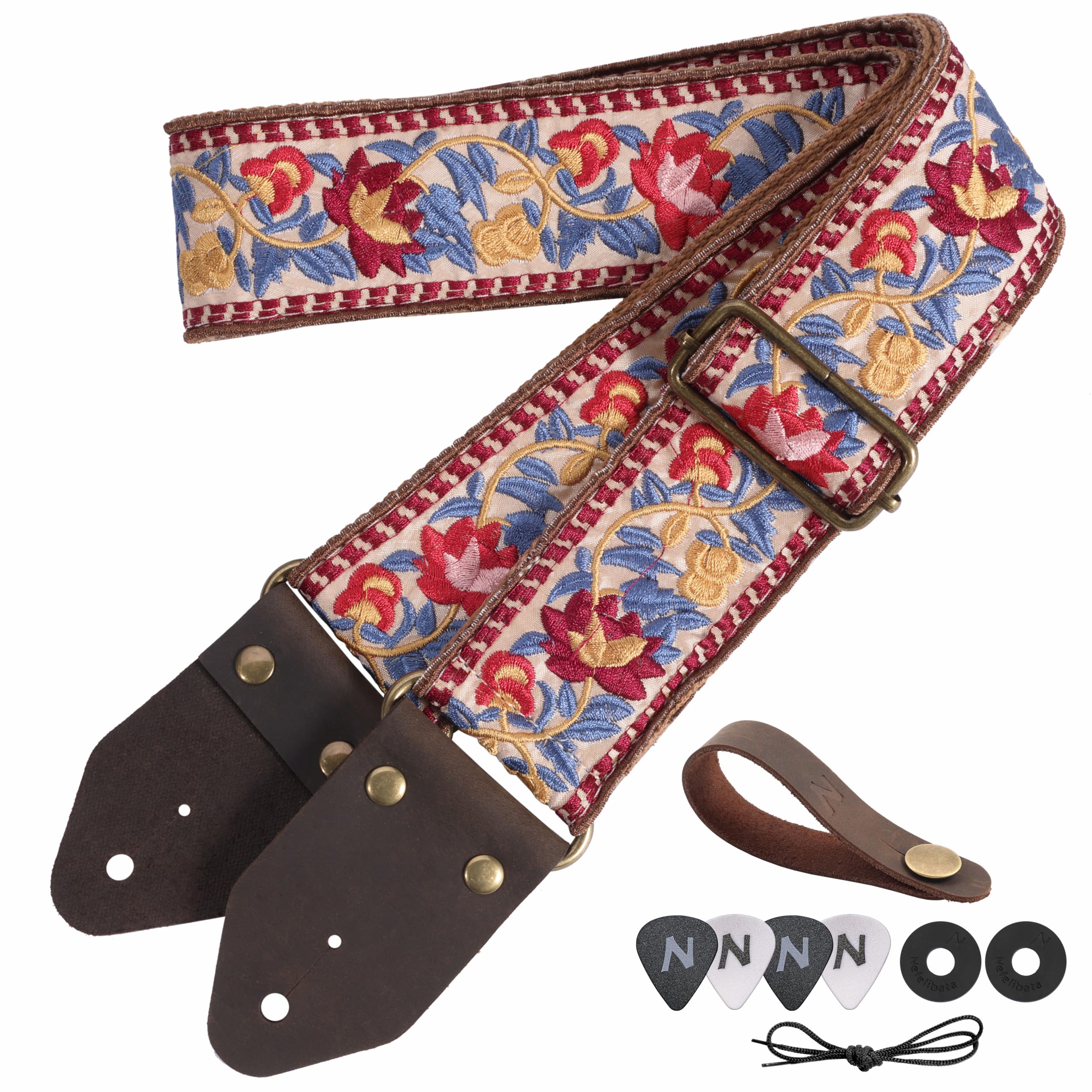 Nefelibata Guitar Strap,Jacquard Embroidery Cotton Guitar Straps with Crazy Horse Leather Ends for Bass, Electric & Acoustic, Best Gifts for Guitarists(Elegant Red Flower Embroidery)