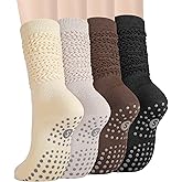 Jspupifip 4 Pairs Grip Pilates Socks for Women Non Slip Yoga Slouch Socks with Grips for Barre Workout Hospital Long Scrunch Slipper Sock