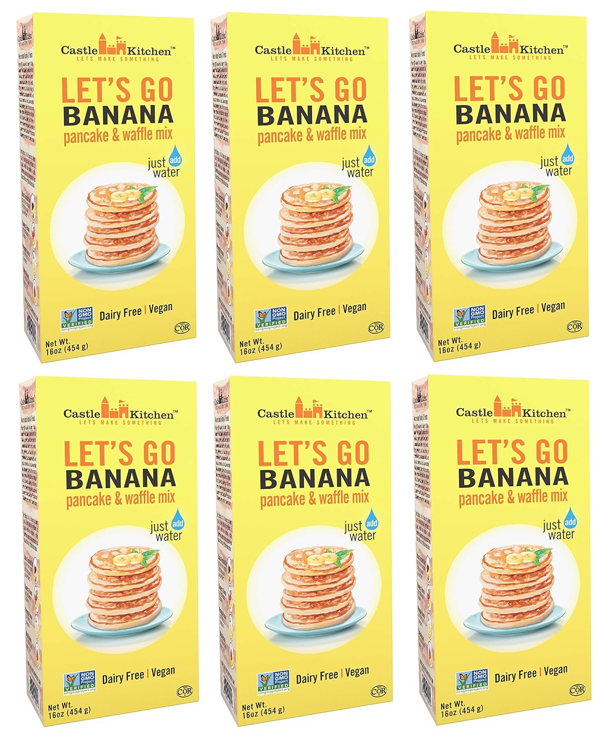 Castle Kitchen Banana Pancake Mix - Dairy-Free, Vegan, Plant Based, Non-GMO Project Verified, Kosher, Complete Pancake & Waffle Mix - Just Add Water - 16 oz (Pack of 6)