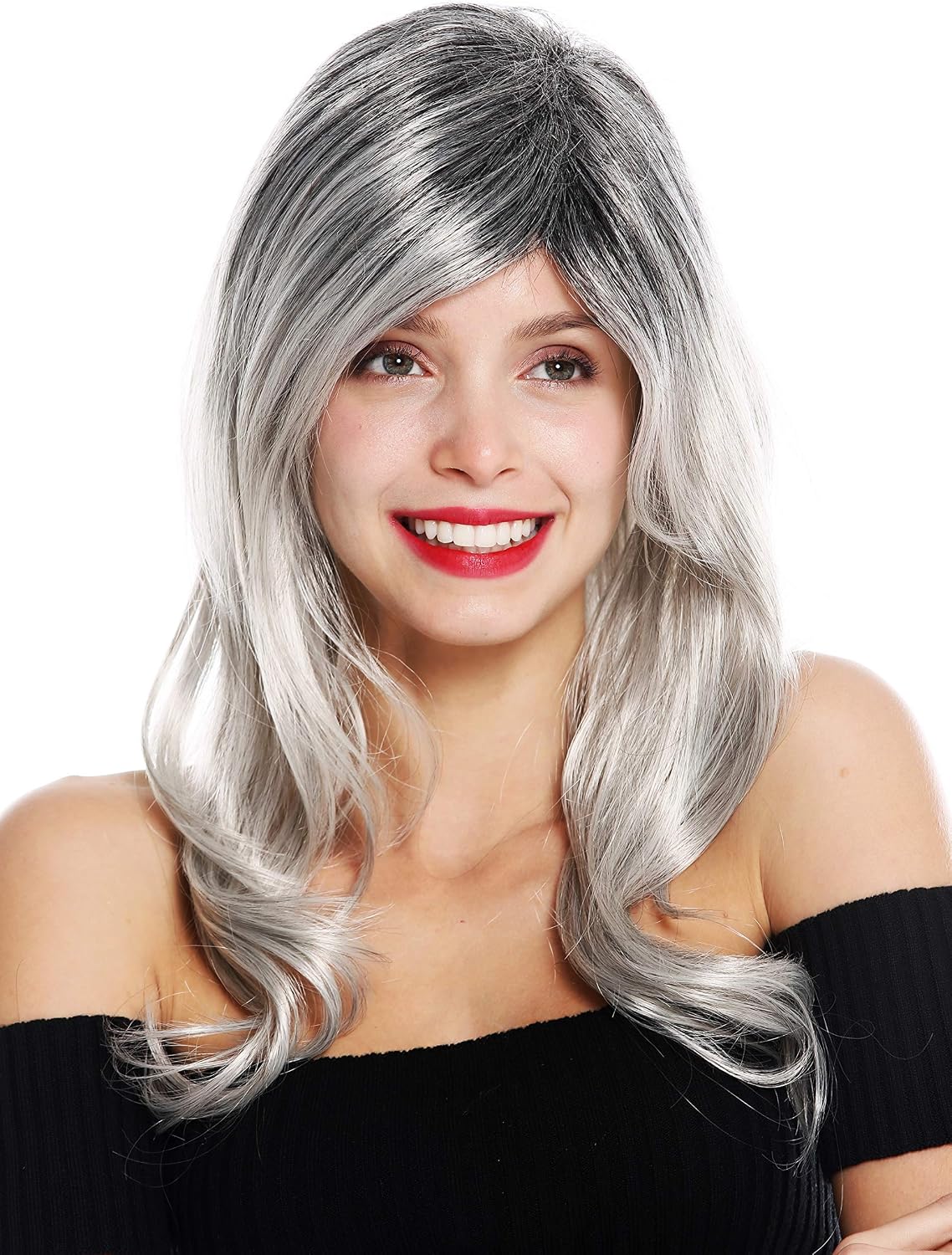 WIG ME UP - GFW2195-56+1T56 women's quality wig wavy long black grey Balayage, Gray-black mix (56+1T56), Länge: ca. 55 cm