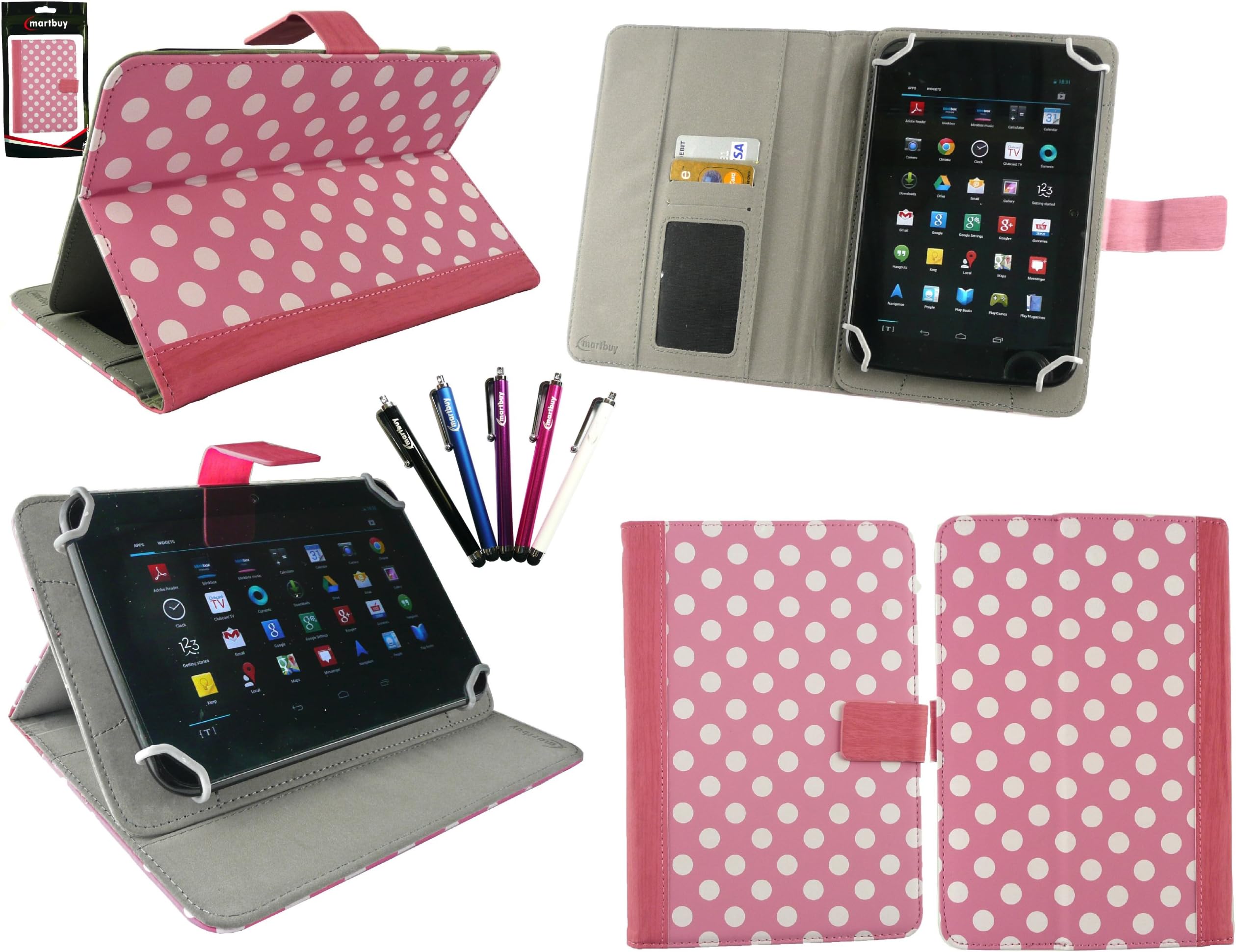 Emartbuy® Bundle of 5 Stylus + Universal Range Polka Dots Hot Pink/White Multi Angle Executive Folio Wallet Case Cover With Card Slots Suitable for HP Slate 7 HD