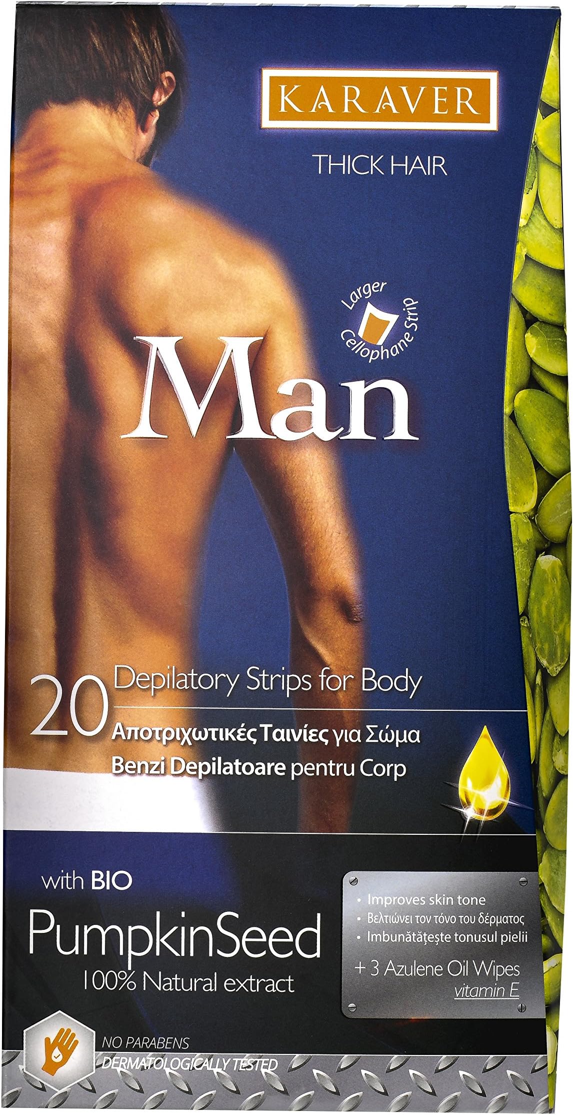 Karaver Wax Strips for Men (Organic Pumpkin Seed Extract, 20 strips, 3 after-depilation tissues)