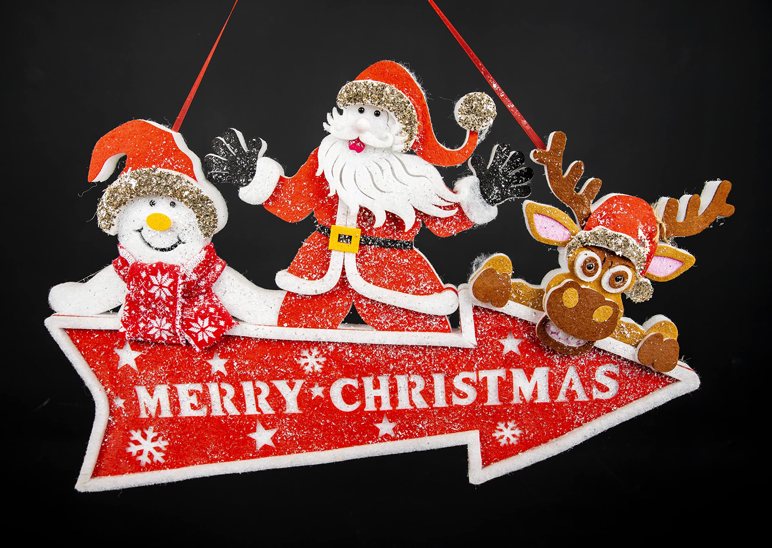 Pre Lit Christmas Plaque Sign Arrow Merry Christmas Santa Clause Snowman Reindeer Holding This Way Sign Door Hanging Decoration - 70x42Cm