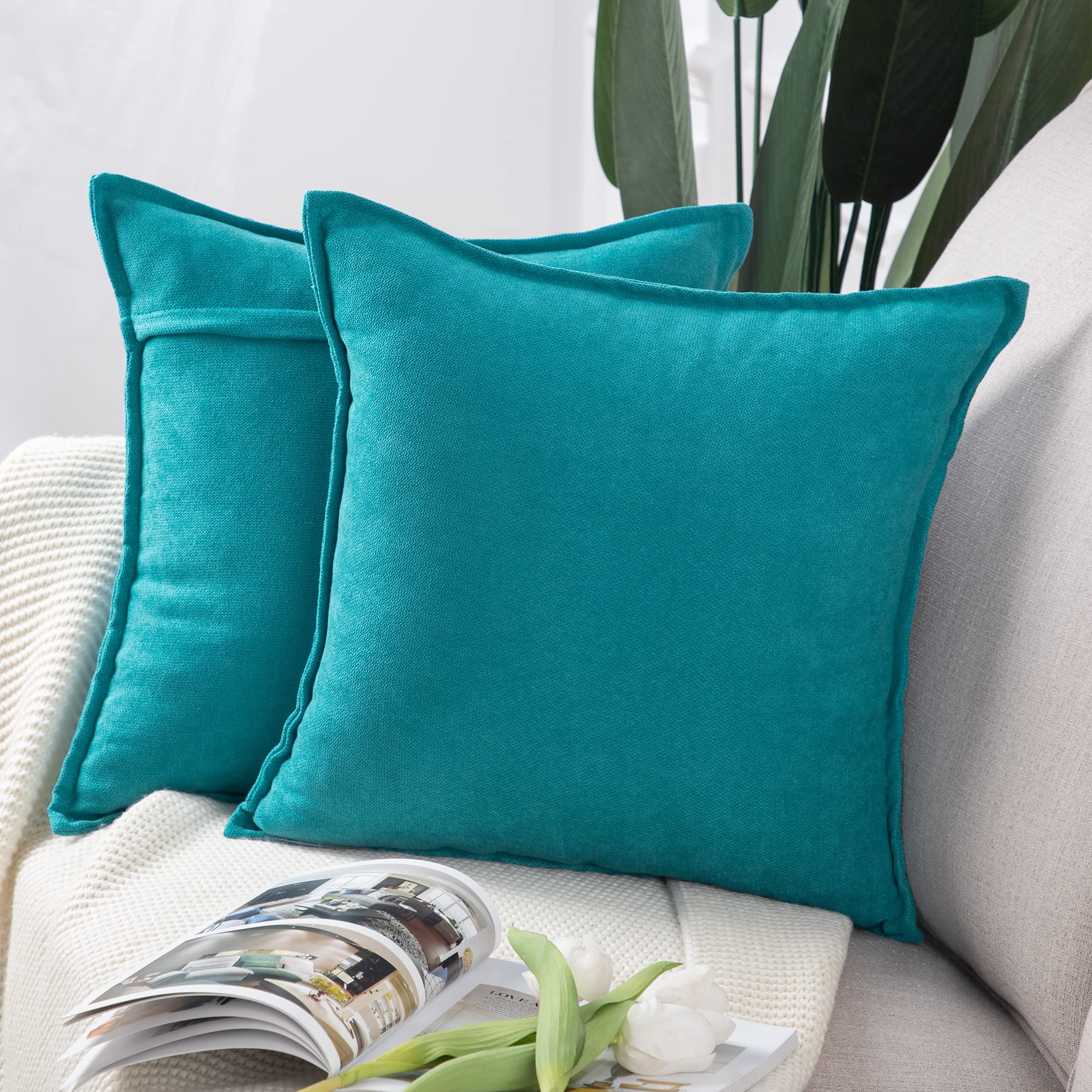 Madizz Set of 2 Short Chenille Throw Pillow Covers 26x26 Inch Cyan Teal Soft Decorative Cushion Cover for Sofa Bedroom Pillow Shell