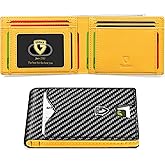 GSOIAX Mens Slim Wallet for Men Minimalist Genuine Leather Carbon Fiber Rfid Blocking Bifold Credit Card Holder With Gift Box (Yellow and Carbon Black)