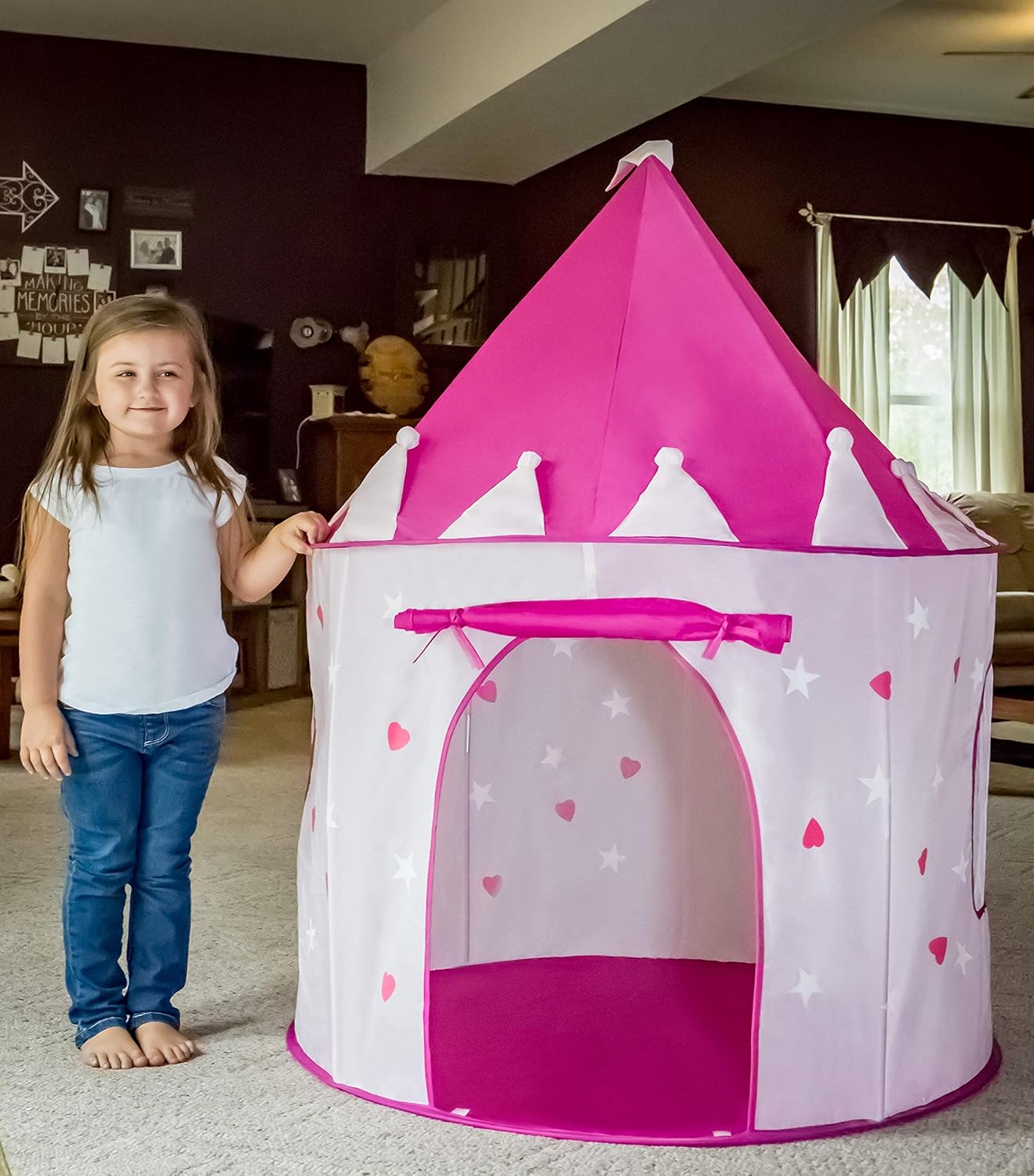 FoxPrint Princess Castle Play Tent With Glow In The Dark Stars, Conveniently Folds In To A Carrying Case, Your Kids Will Enjoy This Foldable Pop Up Pink Play Tent/House Toy For Indoor and Outdoor Use: Toys & Games