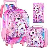 3PCS Rolling Backpack for Girls and Boys, Kids Unicorn Dinosaur Wheeled Bookbag